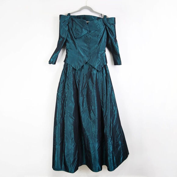 Vintage 70s 80s Peacock Green Teal Strapless Ball Gown with Jacket Size XXS/XS - Picture 13 of 14